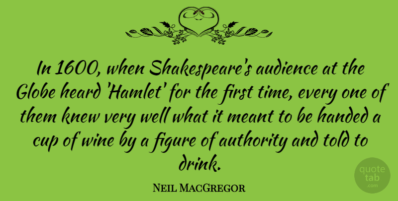 Neil MacGregor Quote About Audience, Cup, Figure, Globe, Handed: In 1600 When Shakespeares Audience...