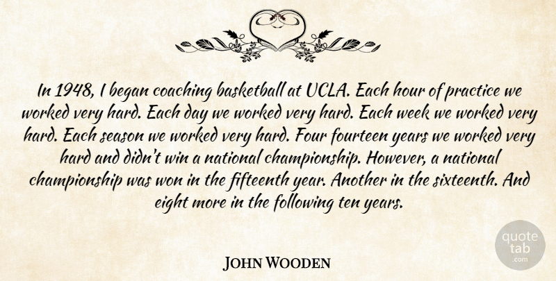 John Wooden Quote About Basketball, Winning, Eight: In 1948 I Began Coaching...