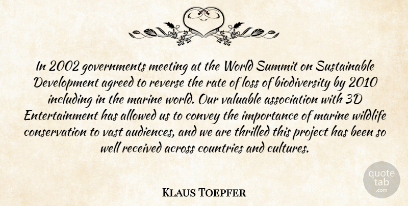 Klaus Toepfer Quote About Across, Agreed, Allowed, Convey, Countries: In 2002 Governments Meeting At...