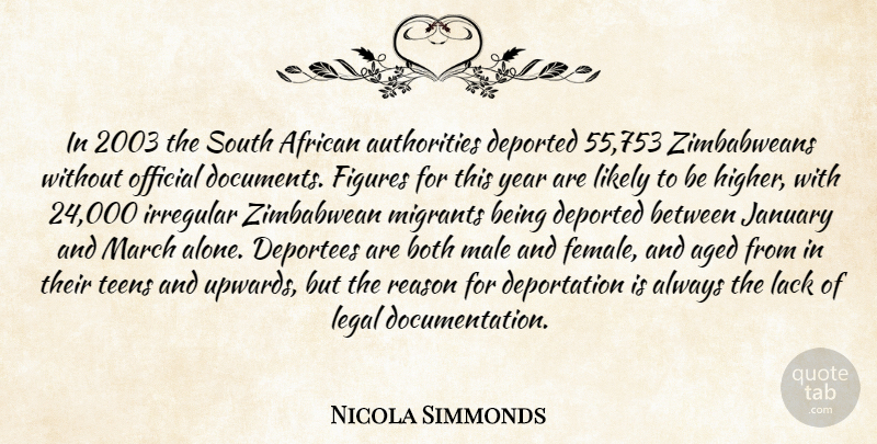 Nicola Simmonds Quote About African, Aged, Both, Figures, Irregular: In 2003 The South African...