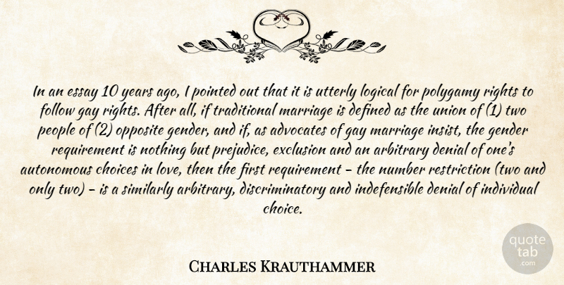 Charles Krauthammer Quote About Gay, Rights, Years: In An Essay 10 Years...