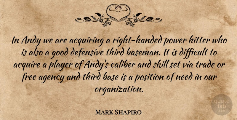 Mark Shapiro Quote About Acquire, Acquiring, Agency, Andy, Base: In Andy We Are Acquiring...