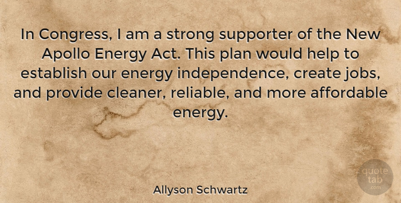Allyson Schwartz Quote About Affordable, Apollo, Create, Establish, Plan: In Congress I Am A...