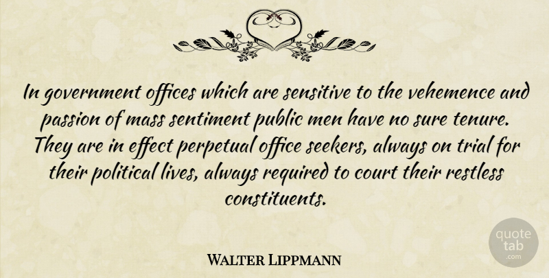 Walter Lippmann Quote About Passion, Men, Office: In Government Offices Which Are...