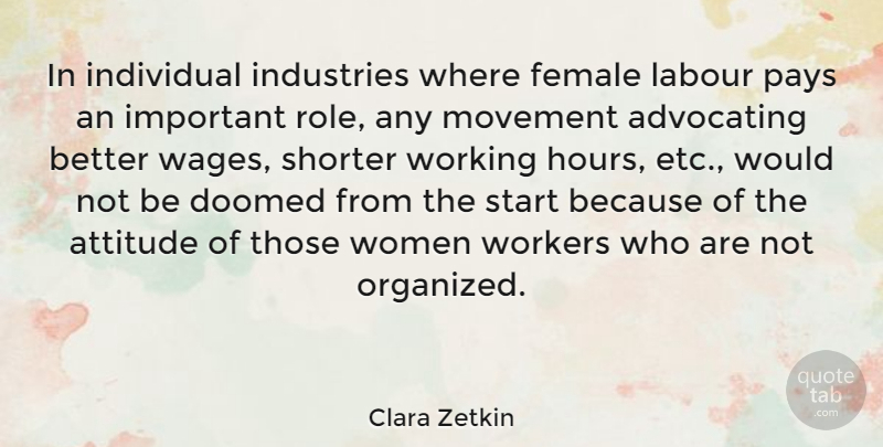 Clara Zetkin Quote About Attitude, Important, Female: In Individual Industries Where Female...