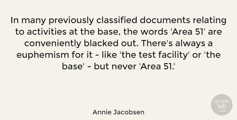 Annie Jacobsen Quote About Classified, Documents, Euphemism, Relating: In Many Previously Classified Documents...