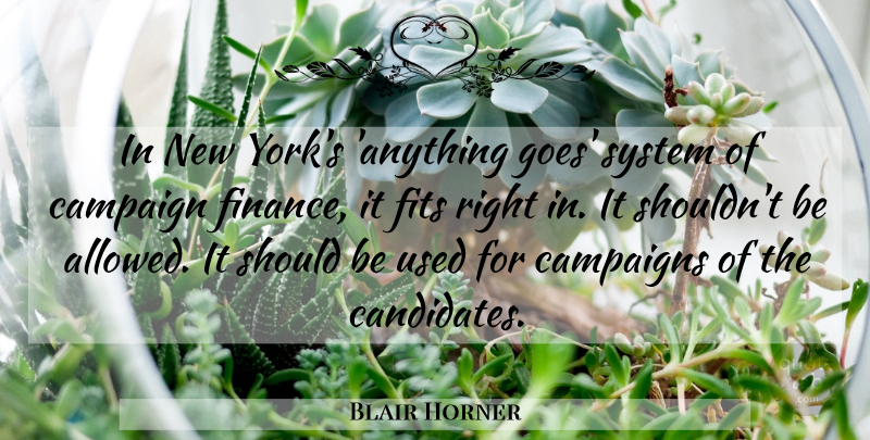 Blair Horner Quote About Campaign, Campaigns, Finance, Fits, System: In New Yorks Anything Goes...