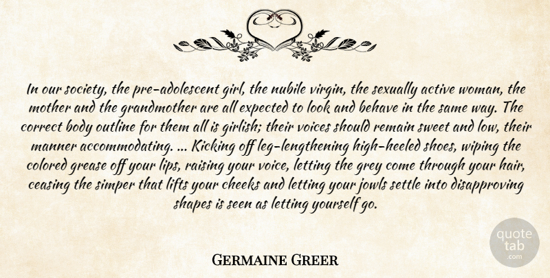 Germaine Greer Quote About Active, Behave, Body, Cheeks, Colored: In Our Society The Pre...