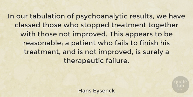 Hans Eysenck Quote About Appears, Fails, Patient, Stopped, Surely: In Our Tabulation Of Psychoanalytic...