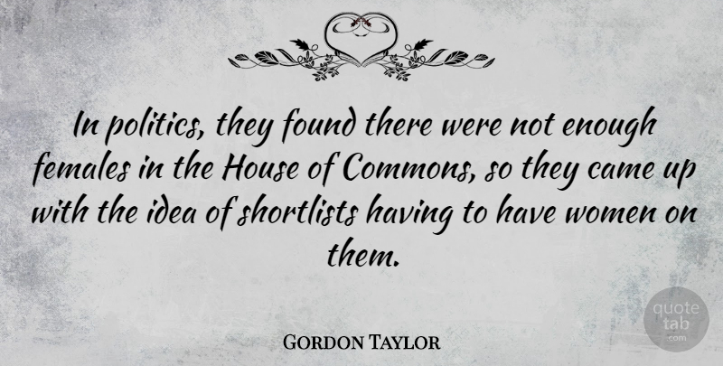 Gordon Taylor Quote About Came, Females, Found, Politics, Women: In Politics They Found There...