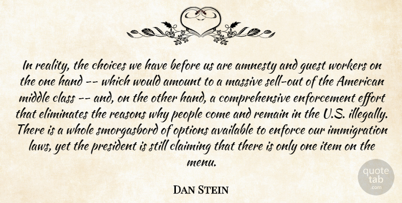 Dan Stein Quote About Amnesty, Amount, Available, Choices, Claiming: In Reality The Choices We...