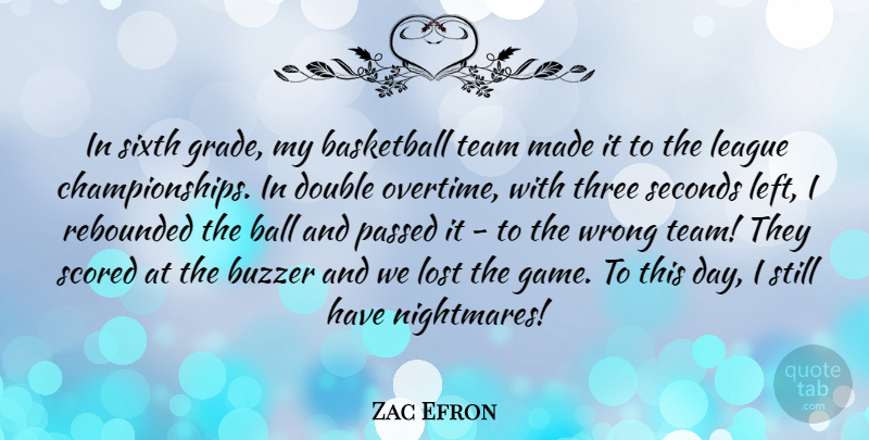 Zac Efron Quote About Inspirational, Basketball, Team: In Sixth Grade My Basketball...