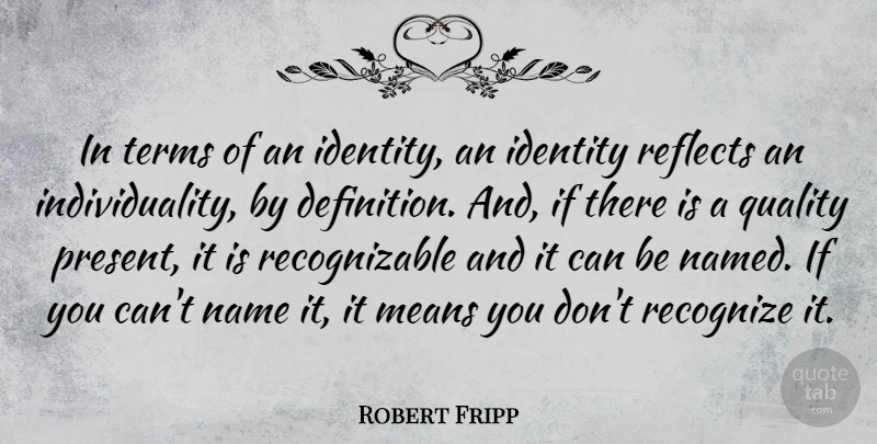 Robert Fripp Quote About Mean, Names, Individuality: In Terms Of An Identity...