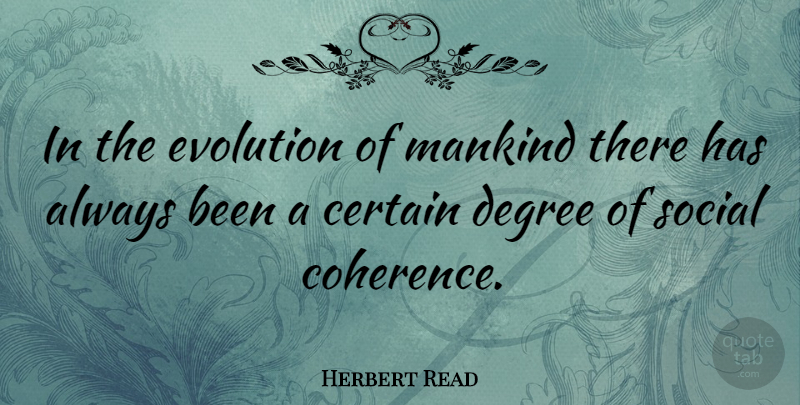 Herbert Read Quote About Coherence, Degrees, Evolution: In The Evolution Of Mankind...