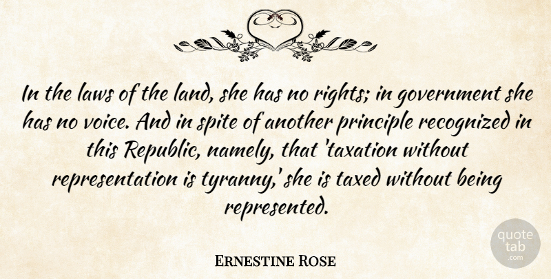 Ernestine Rose Quote About Government, Laws, Principle, Recognized, Spite: In The Laws Of The...