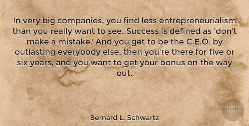 Bernard L. Schwartz Quote About Bonus, Defined, Everybody, Five, Six: In Very Big Companies You...