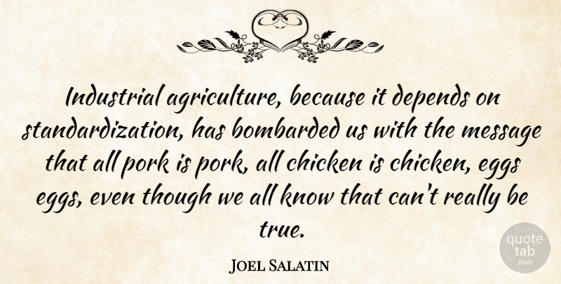 Joel Salatin Quote About Bombarded, Chicken, Depends, Eggs, Industrial: Industrial Agriculture Because It Depends...
