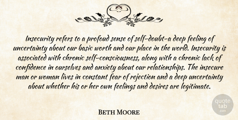 Beth Moore Quote About Insecure, Men, Self: Insecurity Refers To A Profoud...
