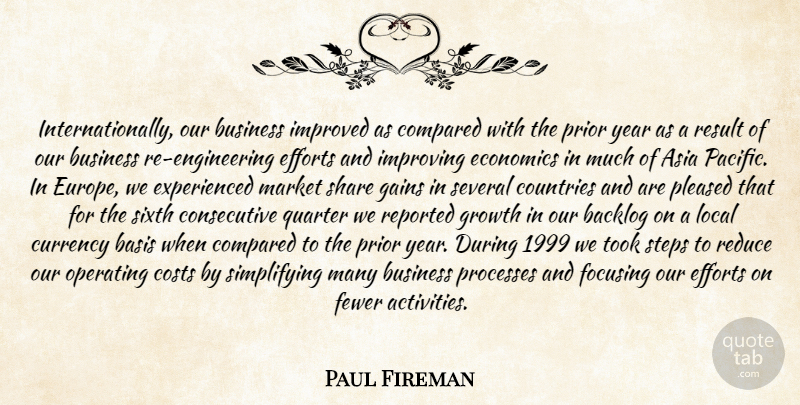Paul Fireman Quote About Asia, Basis, Business, Compared, Costs: Internationally Our Business Improved As...