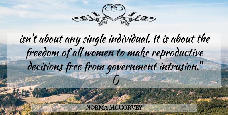 Norma McCorvey Quote About Decisions, Freedom, Government, Single, Women: Isnt About Any Single Individual...