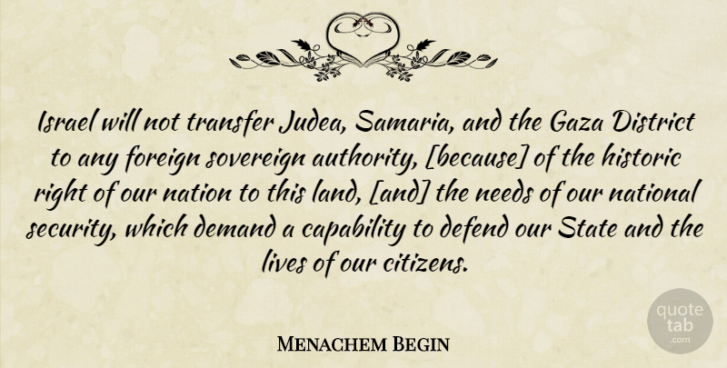 Menachem Begin Quote About Israel, Land, Needs: Israel Will Not Transfer Judea...