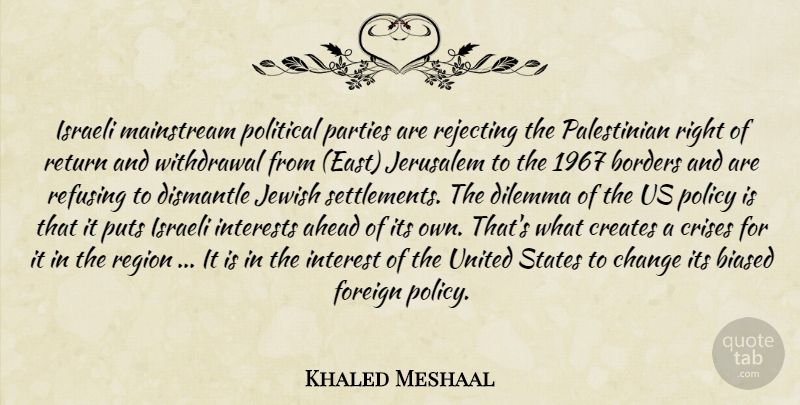 Khaled Meshaal Quote About Ahead, Biased, Borders, Change, Creates: Israeli Mainstream Political Parties Are...
