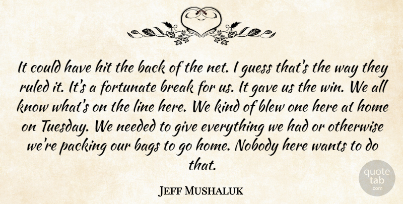 Jeff Mushaluk Quote About Bags, Blew, Break, Fortunate, Gave: It Could Have Hit The...