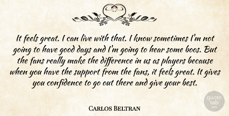 Carlos Beltran Quote About Confidence, Days, Difference, Fans, Feels: It Feels Great I Can...