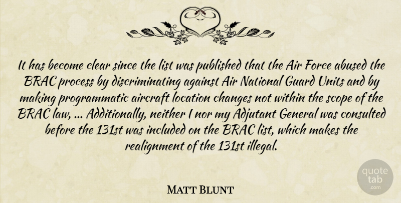Matt Blunt Quote About Against, Air, Aircraft, Changes, Clear: It Has Become Clear Since...