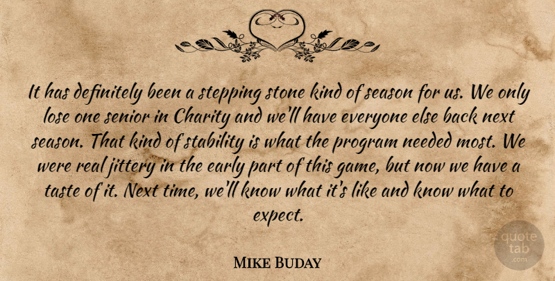 Mike Buday Quote About Charity, Definitely, Early, Lose, Needed: It Has Definitely Been A...
