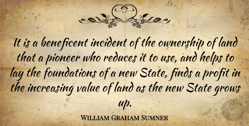 William Graham Sumner Quote About Growing Up, Land, Pioneers: It Is A Beneficent Incident...