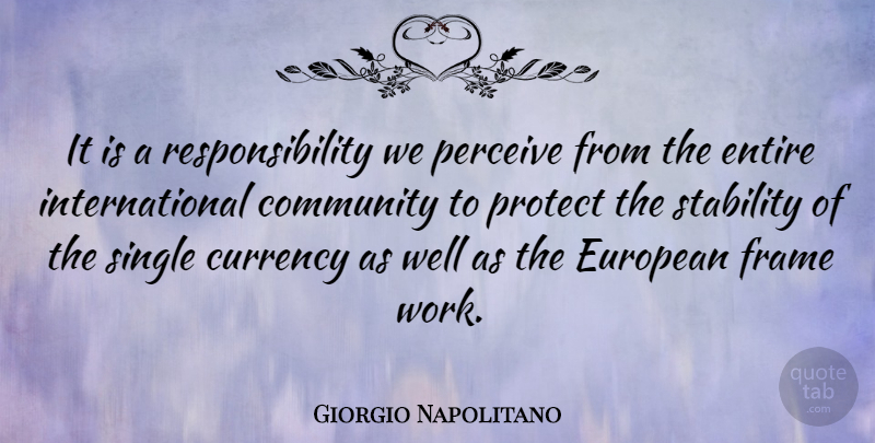 Giorgio Napolitano Quote About Responsibility, Community, Currency: It Is A Responsibility We...