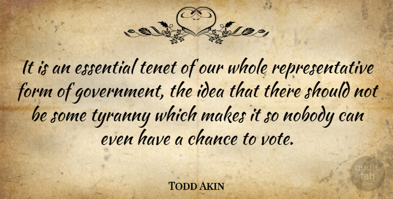 Todd Akin Quote About Government, Ideas, Essentials: It Is An Essential Tenet...
