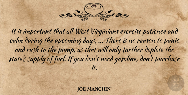 Joe Manchin Quote About Calm, Exercise, Further, Panic, Patience: It Is Important That All...