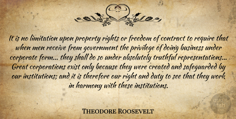 Theodore Roosevelt Quote About Business, Men, Rights: It Is No Limitation Upon...