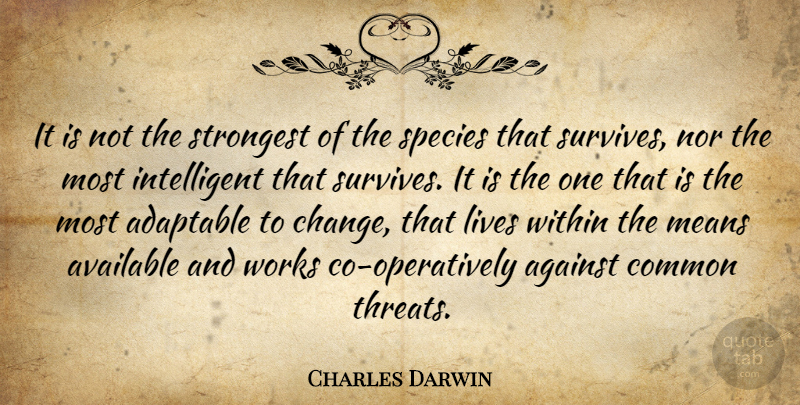 Charles Darwin Quote About Mean, Intelligent, Survival: It Is Not The Strongest...