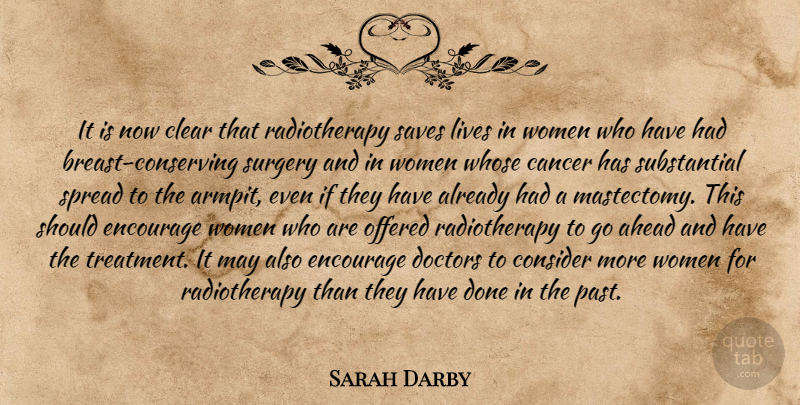Sarah Darby Quote About Ahead, Cancer, Clear, Consider, Doctors: It Is Now Clear That...