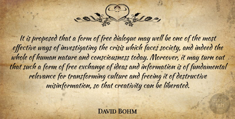 David Bohm Quote About Creativity, Ideas, Culture: It Is Proposed That A...