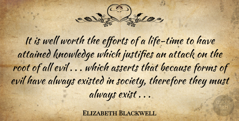 Elizabeth Blackwell Quote About Attack, Attained, Efforts, Evil, Existed: It Is Well Worth The...