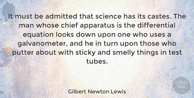 Gilbert Newton Lewis Quote About Admitted, Apparatus, Chief, Equation, Looks: It Must Be Admitted That...