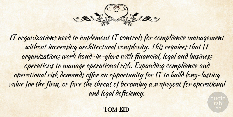 Tom Eid Quote About Becoming, Build, Business, Compliance, Controls: It Organizations Need To Implement...