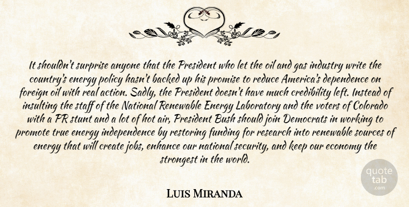 Luis Miranda Quote About Anyone, Backed, Bush, Colorado, Create: It Shouldnt Surprise Anyone That...
