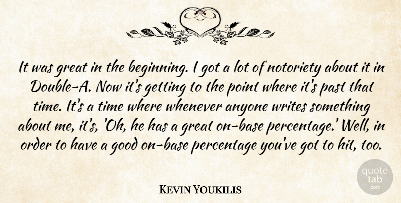 Kevin Youkilis Quote About Anyone, Beginning, Good, Great, Notoriety: It Was Great In The...