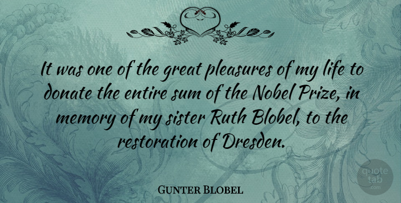 Gunter Blobel Quote About Donate, Entire, Great, Life, Memory: It Was One Of The...