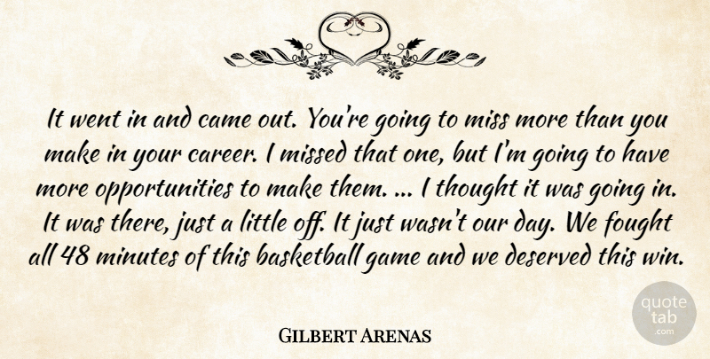 Gilbert Arenas Quote About Basketball, Came, Deserved, Fought, Game: It Went In And Came...