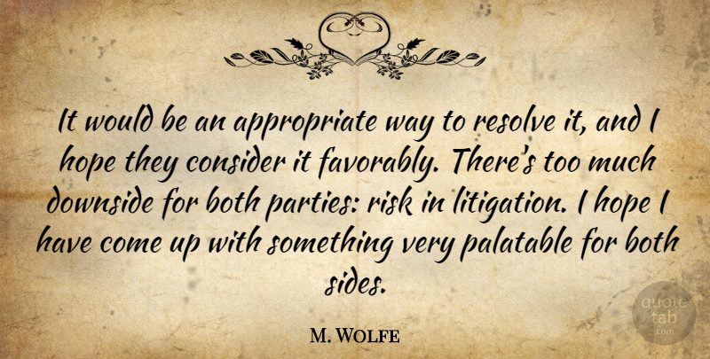 M. Wolfe Quote About Both, Consider, Downside, Hope, Resolve: It Would Be An Appropriate...
