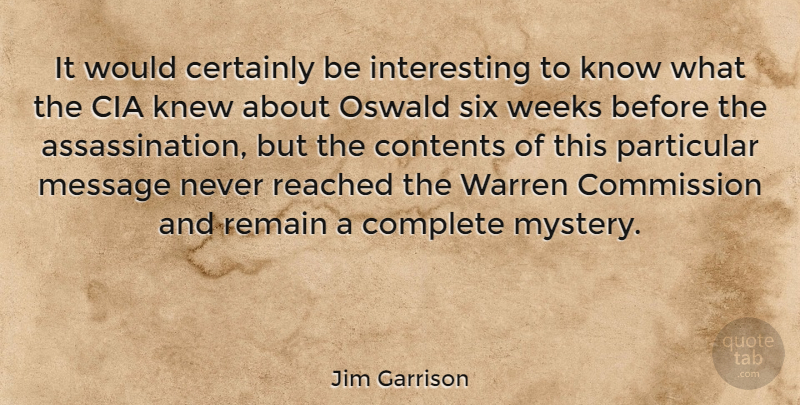 Jim Garrison Quote About Interesting, Messages, Six: It Would Certainly Be Interesting...
