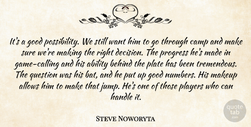 Steve Noworyta Quote About Ability, Behind, Camp, Good, Handle: Its A Good Possibility We...
