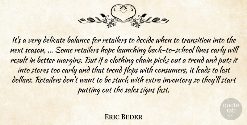 Eric Beder Quote About Balance, Chain, Clothing, Decide, Delicate: Its A Very Delicate Balance...
