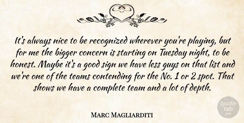Marc Magliarditi Quote About Bigger, Complete, Concern, Contending, Good: Its Always Nice To Be...